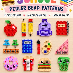 May include: A digital download featuring 12 Back to School Perler bead patterns. The image displays colorful bead designs including an apple, pencils, a backpack, a notebook, a calculator, a palette, a ruler, a donut, and a burger.