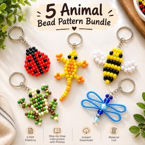 May include: Five animal bead pattern keychains including a red and black ladybug, a yellow lizard, a yellow and black bee, a green and cream frog, and a blue dragonfly. The text 5 Animal Bead Pattern Bundle is displayed at the top of the image.
