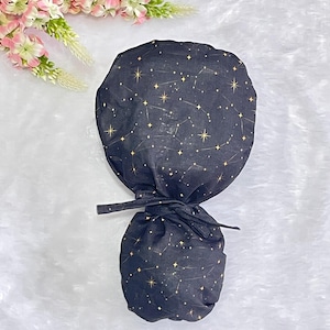 Starry Night Ponytail Scrub Cap: Cotton with Satin Lining & Buttons