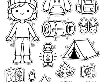 Dibujos para colorear de muñecas de papel con temática de camping / Libro de actividades imprimible para vestir (descarga digital)