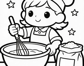 May include: Black and white illustration of a cartoon chef whisking ingredients in a bowl. The chef wears a hat and apron, with eggs and a bag of flour nearby. Stars are scattered around the chef.