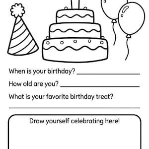 Op de afbeelding: Een zwart-wit verjaardagsactiviteitenblad met een feesthoedje, een drielaagse taart met een kaarsje en twee ballonnen. Het bevat de tekst: When is your birthday? How old are you? What is your favorite birthday treat? Draw yourself celebrating here!