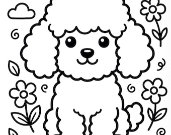 Dibujos para colorear de cachorros de caniche con motivos florales, láminas de jardín para perros kawaii (PDF)