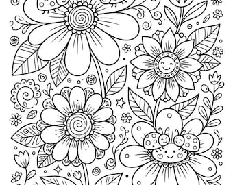 Dibujos para colorear de flores estilo doodle para niños y adultos, libro de flores dibujadas a mano (imprimible)