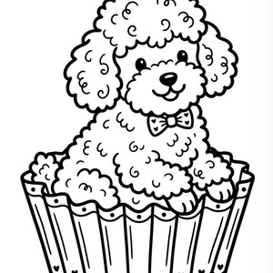 Peut inclure: Illustration en noir et blanc d'un chiot caniche assis dans une caissette à cupcakes. Le chiot a des boucles, un nœud papillon et un visage souriant. La caissette a un bord festonné et des détails en forme de cœur.