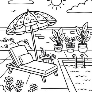 Könnte beinhalten: Schwarz-Weiß-Illustration eines sonnigen Tages am Pool. Eine Sonnenliege mit Kissen steht unter einem Sonnenschirm mit Tupfen. Ein kleiner Tisch hält ein Getränk und ein Buch. Blumen und Topfpflanzen umgeben den Pool.