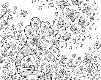 Páginas para colorear de mariposas con gramófono antiguo, dibujos a mano de música y naturaleza (15 páginas)