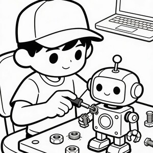 May include: Black and white illustration of a child assembling a robot with a screwdriver. The child wears a baseball cap and sits at a table with a laptop and various robot parts. The robot has a smiling face and is the central focus.