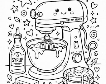 Dibujos para colorear de repostería kawaii / Batidora, postres, cupcakes (descarga digital)