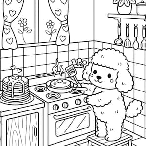 Páginas para colorear de un caniche acogedor, libro imprimible de perros kawaii (formato PDF)