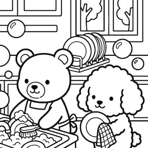 Poodle Bear Band Coloring Pages, Kawaii Animal Activity Sheets for Kids (Digital Download)