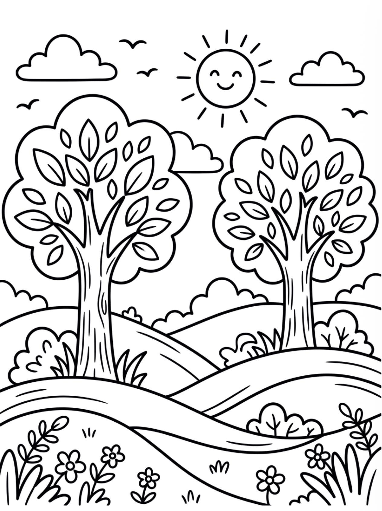 Nature Coloring Pages for Kids, Easy Landscape Printable (PDF) - Etsy