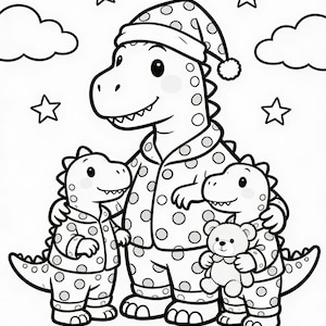 May include: Black and white illustration of a dinosaur family in pajamas, with a parent and two children. The parent dinosaur wears a nightcap. One child holds a teddy bear. Stars and clouds are in the background.