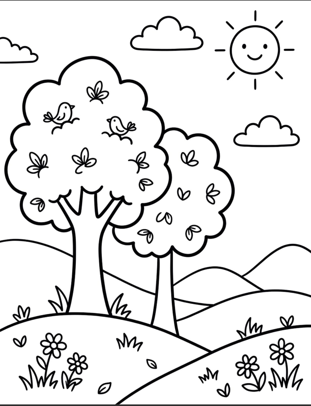 Nature Coloring Pages for Kids, Easy Landscape Printable (PDF) - Etsy