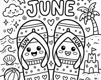 Hello June Ice Cream Coloring Pages for Kids | Summer Coloring Book Printable | Cute Doodle Hand Drawn Coloring Sheets