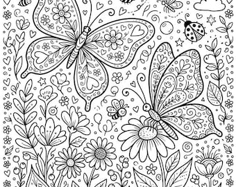Cute Summer Folk Art Coloring Pages for Kids | Folk Art Summer Coloring Book Printable | Ice Cream Sunshine Flowers and Butterflies