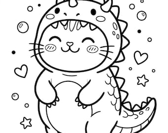 Dinosaur Cat Coloring Pages, Kawaii Doodle Style, Printable Book (15 Pages)