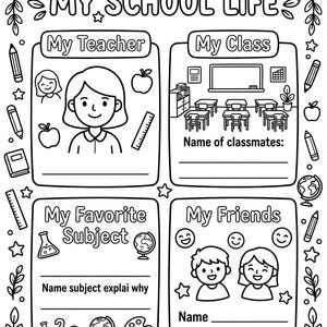 Puede incluir: Página para colorear en blanco y negro titulada "MY SCHOOL LIFE". La página incluye secciones para "My Teacher", "My Class", "My Favorite Subject" y "My Friends", con espacio para escribir.