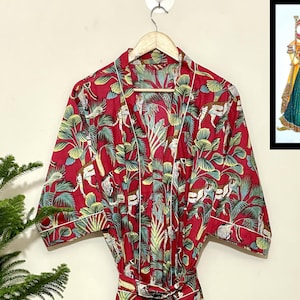 Cotton Kimono Robe Dressing Gown, Block Print Bridesmaid Robe, Summer Nightwear, One Size, Block Print Cotton Kimono Robe Floral Bridal Gown