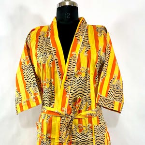Tiger Stripe Kimono Robe for Women, Yellow Orange Loungewear Kimono, Handblock Printed Cotton Robe, Lightweight Boho Housecoat, Kimono Robe