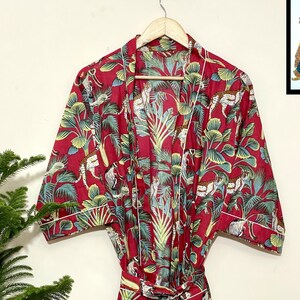 Cotton Kimono Robe Dressing Gown, Block Print Bridesmaid Robe, Summer Nightwear, One Size