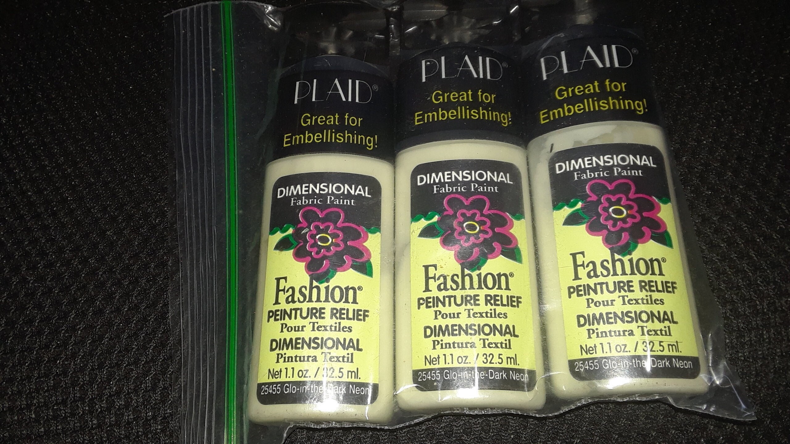 3 Plaid Dimensional Fabric Paints, Glow in the Dark Neon, New