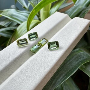 May include: Five green tourmaline gemstones with rectangular cuts are displayed on a white surface. The gems vary slightly in shade, from light to deep green, and reflect light. The background features green foliage.