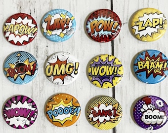 Superhero Buttons 15 Comic Book Theme 1 inch Pinback buttons