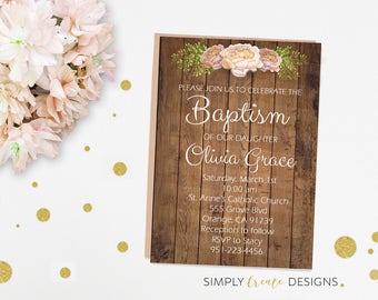 Baptism Invite, Baptism Invitation, Rustic Flower Invitation 5x7 Jpeg Printable File
