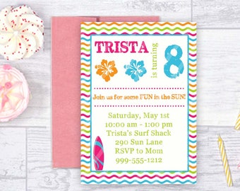 Surf Party Beach Girl Invitation 5x7 or 4x6 Invite Jpeg Printable File