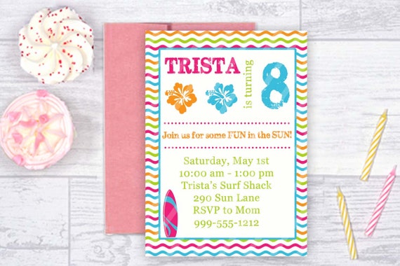 DIGITAL Surf Party Beach Girl Invitation 5x7 or 4x6 Invite Jpeg Printable File Il_570xn