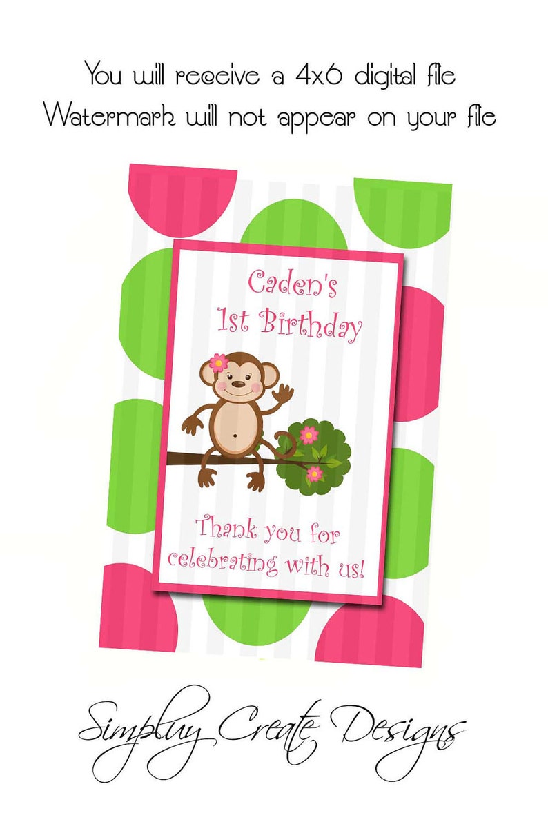 May include: A pink and green polka dot background with a white card in the center. The card has a monkey illustration and the text "Caden's 1st Birthday" and "Thank you for celebrating with us!"