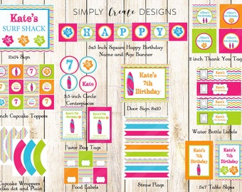 May include: A set of printable party decorations for a 7th birthday party with a surf shack theme. The decorations include a sign, cupcake toppers, circle centerpieces, favor bag tags, food labels, straw flags, table signs, and water bottle labels. The colors are pink, blue, green, orange, and yellow.