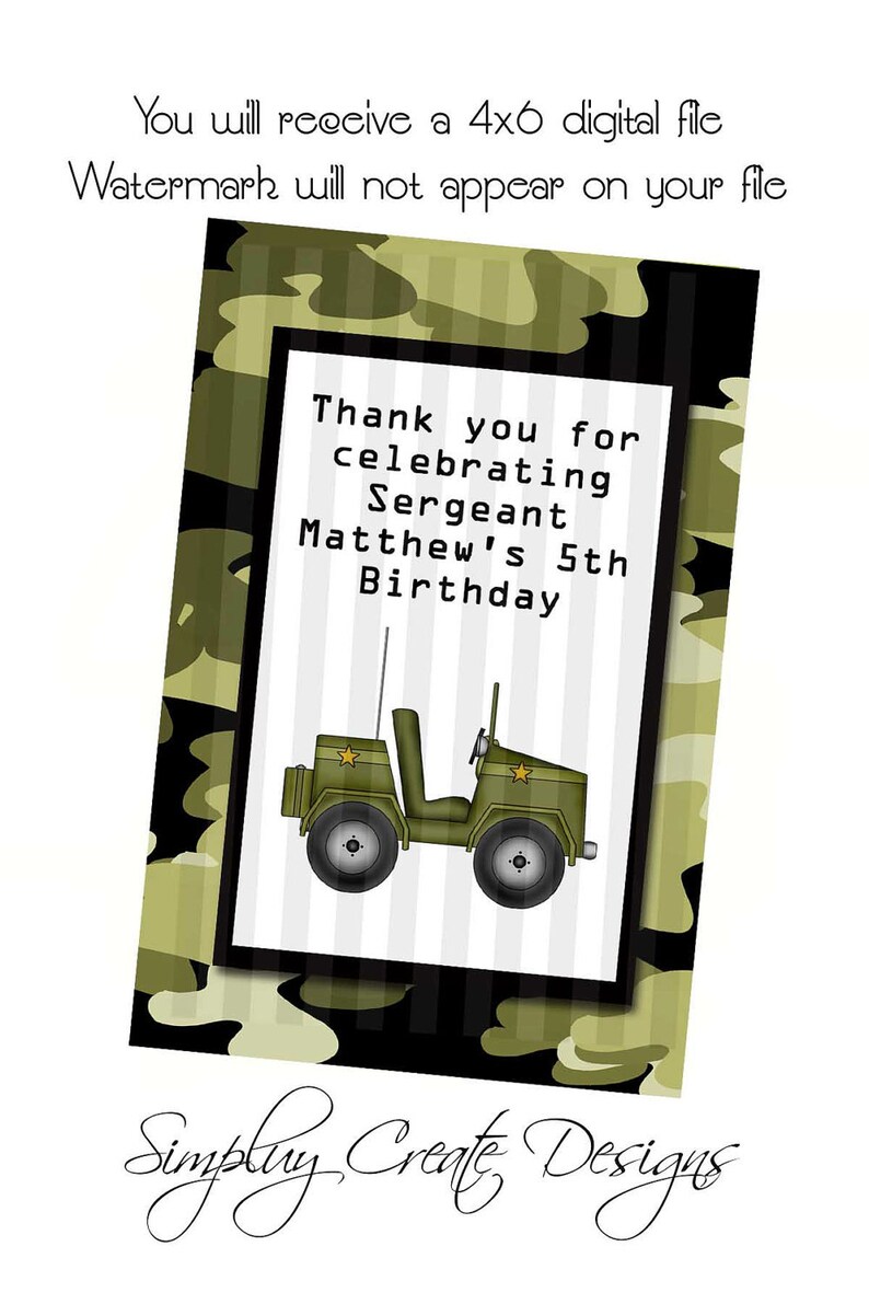 Army Party Favor Tag Camo DIGITAL FILE 4x6 Jpeg Digital File Personalized image 2