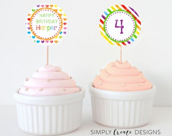Rainbow Cupcake Toppers Printable File 8.5  x 11 JPEG File Personalized