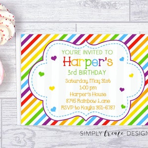 May include: A colorful rainbow striped birthday invitation with a white cloud-shaped frame. The invitation says "You're invited to Harper's 3rd Birthday" with details for the party, including the date, time, location, and RSVP information.