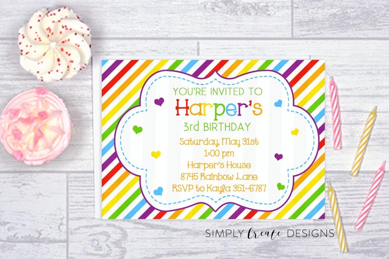 Rainbow Birthday Invitation Rainbow and Hearts Printable File image 1