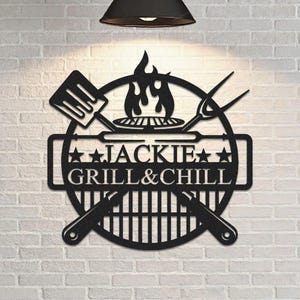 BBQ Grill Sign, Metal Wall Art, Grill Schild Decor, BBQ Metal Sign, Grill Chill Decor, father&#39;s BBQ, Gift For Him– 8 to 24 Inches