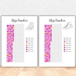 May include: Two white printable step tracker sheets with the title "Step Tracker" in a script font. One sheet has a high heel shoe graphic, the other a sneaker. Each has a grid with colored squares and step count ranges.