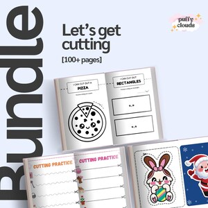 May include: A bundle of children's activity books with the text "Let's get cutting" and "[100+ pages]" on the cover. The books feature cutting practice pages with images of a pizza, rectangles, and other shapes and characters.