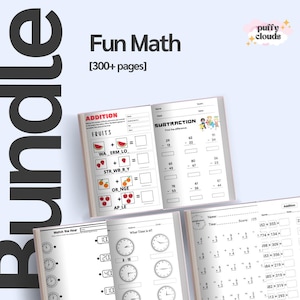 Könnte beinhalten: Ein Bündel von Lernheften für Kinder mit dem Text "Fun Math" und "[300+ pages]" in Schwarz. Die Hefte behandeln Addition, Subtraktion und Zeitablesen, mit farbenfrohen Illustrationen von Früchten und Uhren. Das Logo "puffy clouds" befindet sich oben rechts.