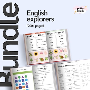 Puede incluir: Un conjunto de cuadernos de trabajo de aprendizaje de inglés para niños. La portada presenta el texto "English explorers" y "Bundle". Los cuadernos incluyen pruebas de ortografía, ejercicios de comprensión y actividades de emparejamiento. Las páginas están llenas de ilustraciones coloridas y contenido educativo.