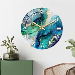 Blue Green Marble Glass Wall Clock with Gold Veins - Modern Boho Chic Home Decor, Elegant Resin Art Design for Living Room & Bedroom