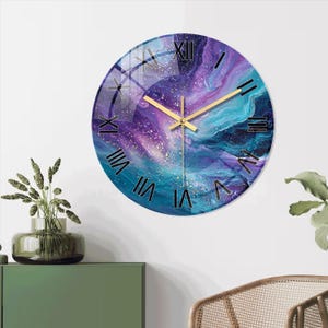 Galaxy - Inspired Glass Wall Clock - Purple & Teal with Gold Accents Boho - Chic Glass Wall Clock - Galaxy Purple and Teal Art For Gifts