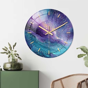 Vibrant Purple Teal Glass Timepiece Artistic Glass Clock with Cosmic Design Luxury Cosmic Glass Clock with Gold Markers Boho - Chic Clock