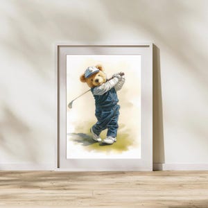 Golfing Bear Watercolor Print: Playroom Wall Art, Vintage Deco