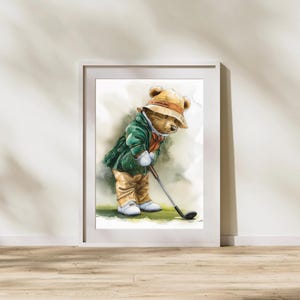 Golfing Bear Watercolor Print: Playroom Nursery Wall Art