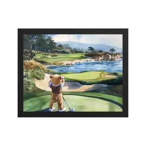 Golfing Bear Watercolor Print: Pebble Beach Nursery Decor
