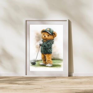 Golfing Bear Watercolor Print: Playroom Nursery Wall Art