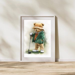 Golfing Bear Watercolor Print: Playroom Wall Art